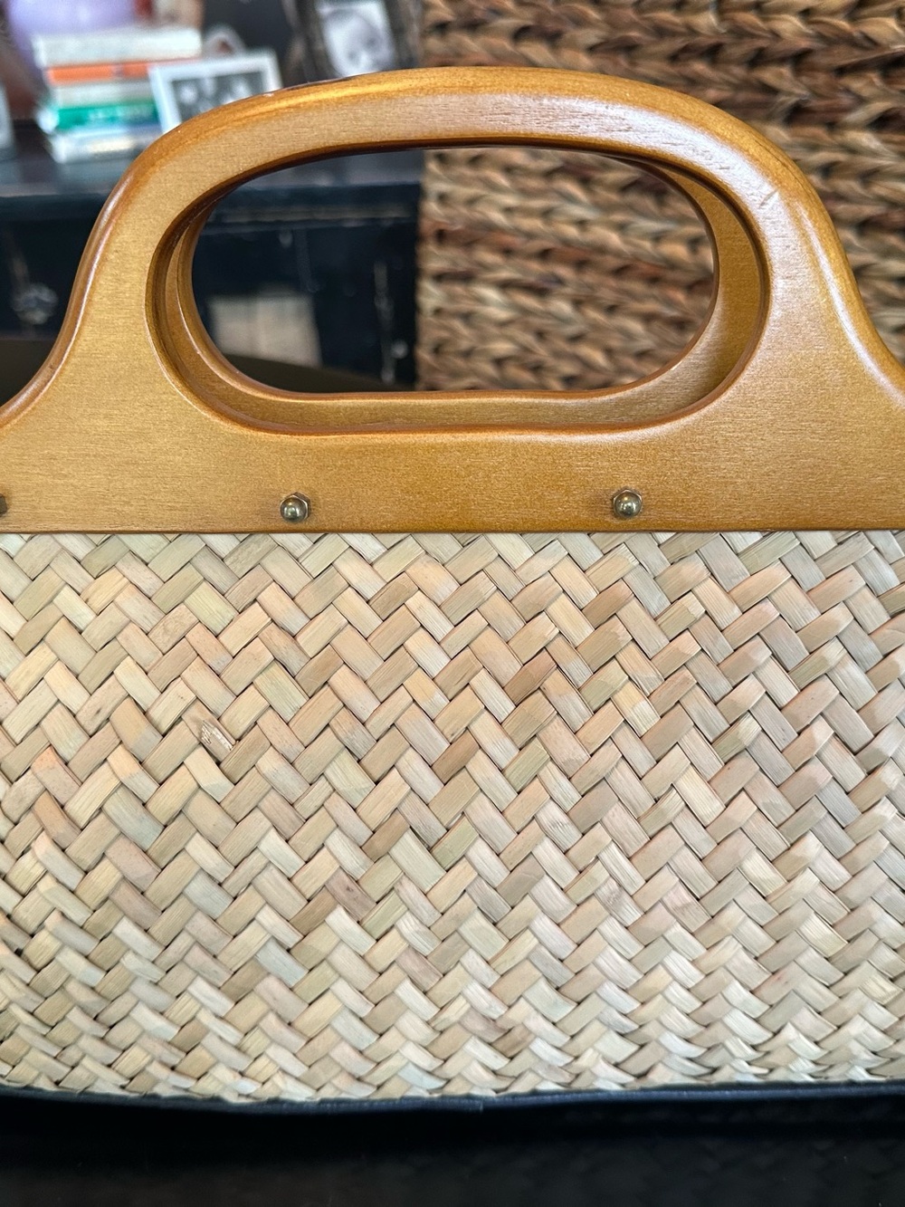 J Crew Woven Straw Handbag with Wooden Handles - Picture 2 of 4